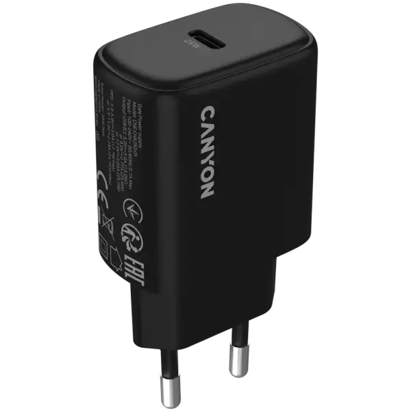 Tarmoqli quvvatlash qurilmasi CANYON OnCharge 250 25W 1xPD 1xQC EU Black